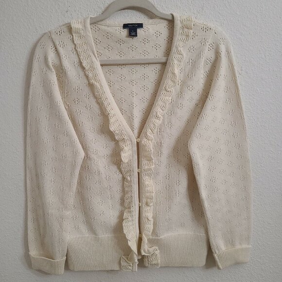 Nautica Ivory V-Neck Button Up Ruffled Long Sleeve Cardigan Sweater sz L - Picture 2 of 6